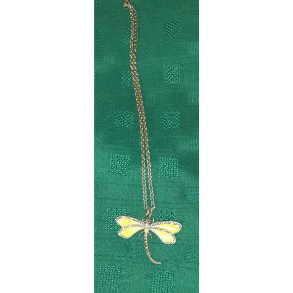 DragonFly Bug Necklace Costume Jewelry Yellow Silver Tone Good Luck Rhinestones - Picture 2 of 11